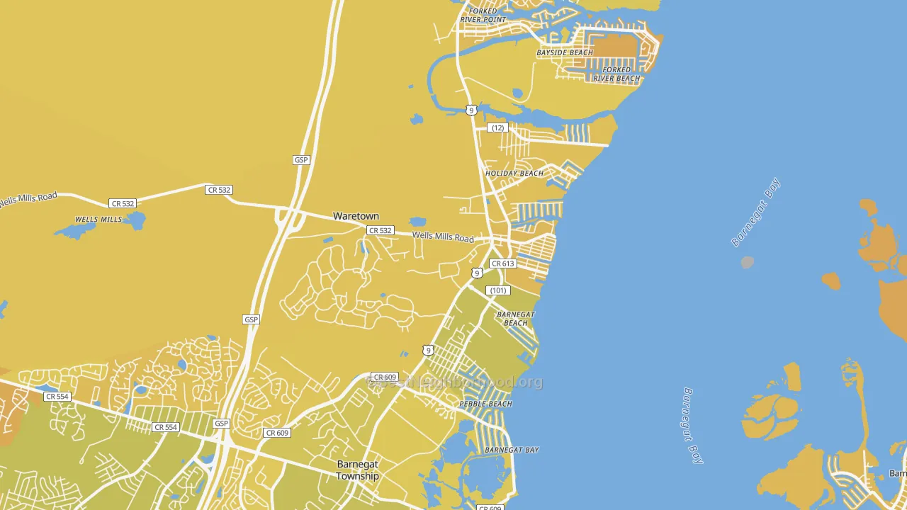 Map of the best neighborhoods in the Waretown area, with better matches in green and worse matches in red