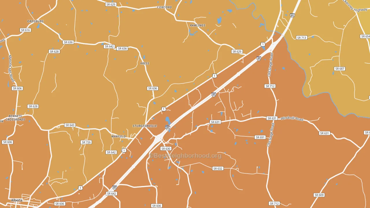 Map of the best neighborhoods in the Warfield area, with better matches in green and worse matches in red