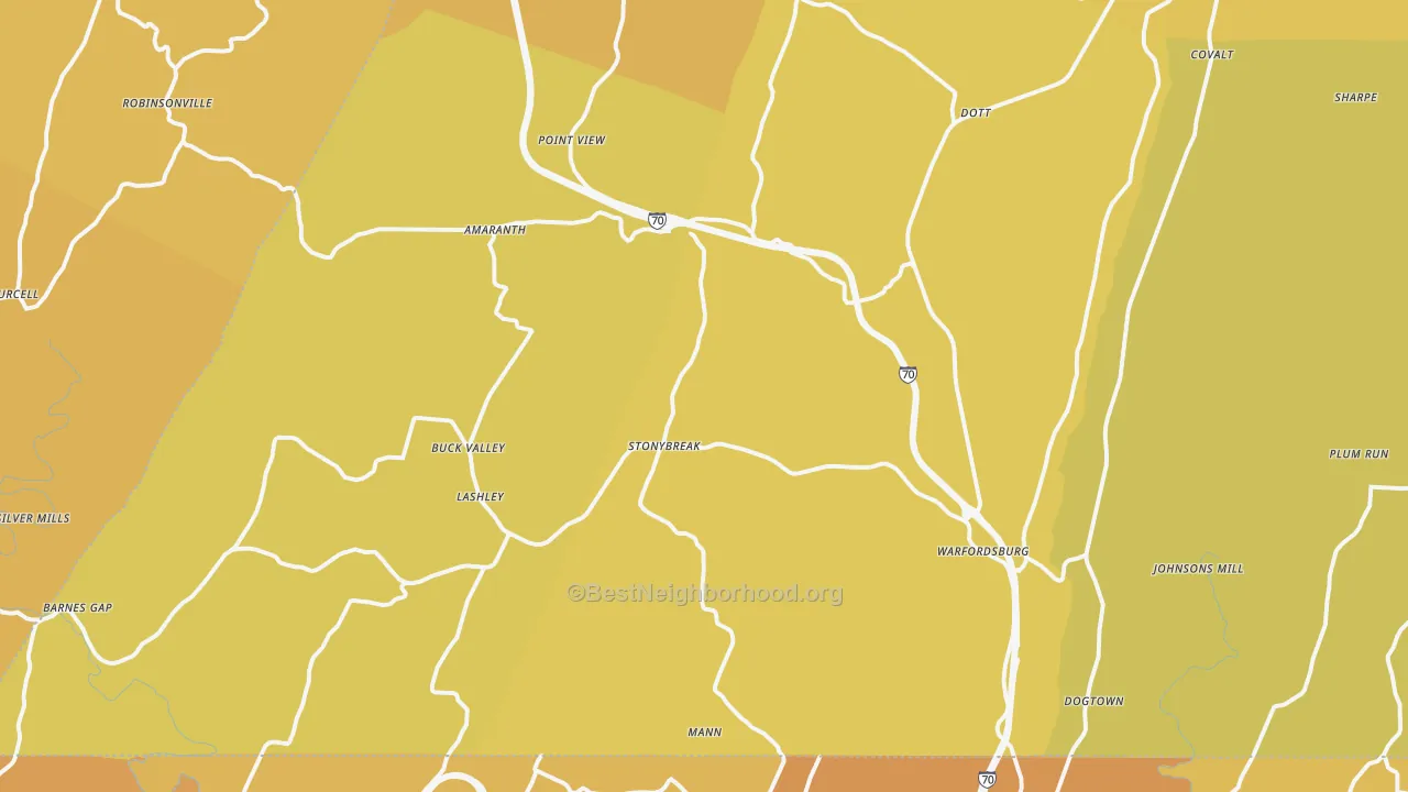 Map of the best neighborhoods in the Warfordsburg area, with better matches in green and worse matches in red