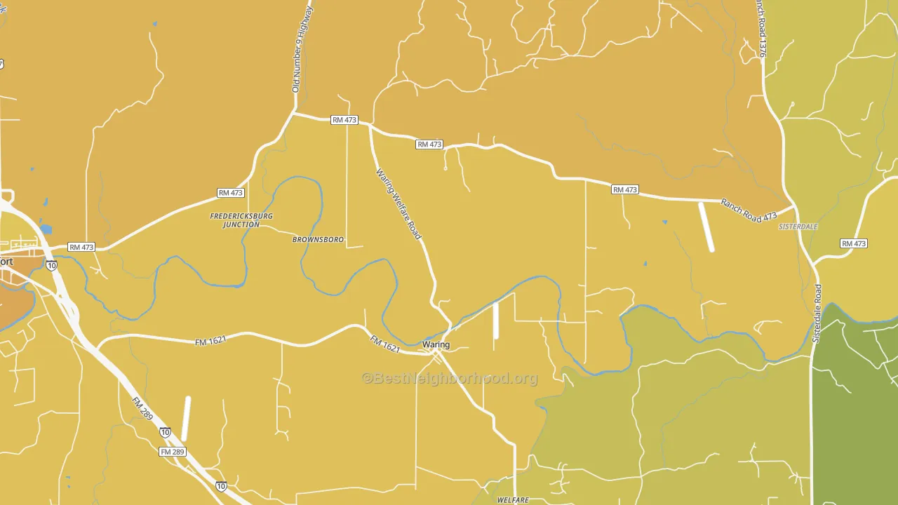 Map of the best neighborhoods in the Waring area, with better matches in green and worse matches in red