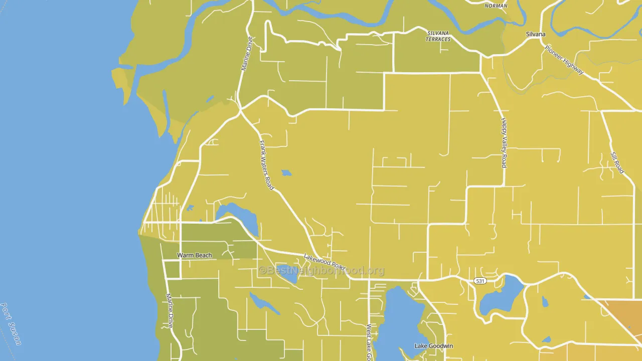 Map of the best neighborhoods in the Warm Beach area, with better matches in green and worse matches in red