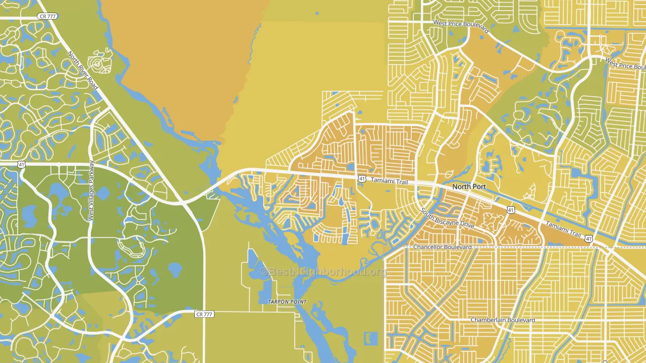 Map of the best neighborhoods in the Warm Mineral Springs area, with better matches in green and worse matches in red