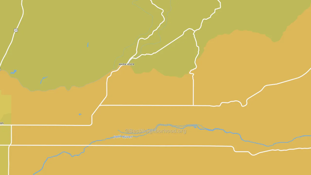 Map of the best neighborhoods in the Warm River area, with better matches in green and worse matches in red