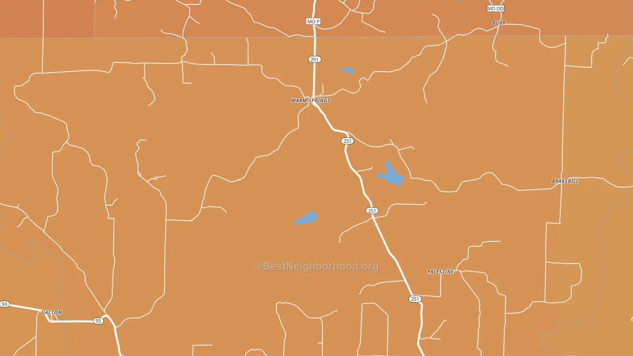 Map of the best neighborhoods in the Warm Springs area, with better matches in green and worse matches in red