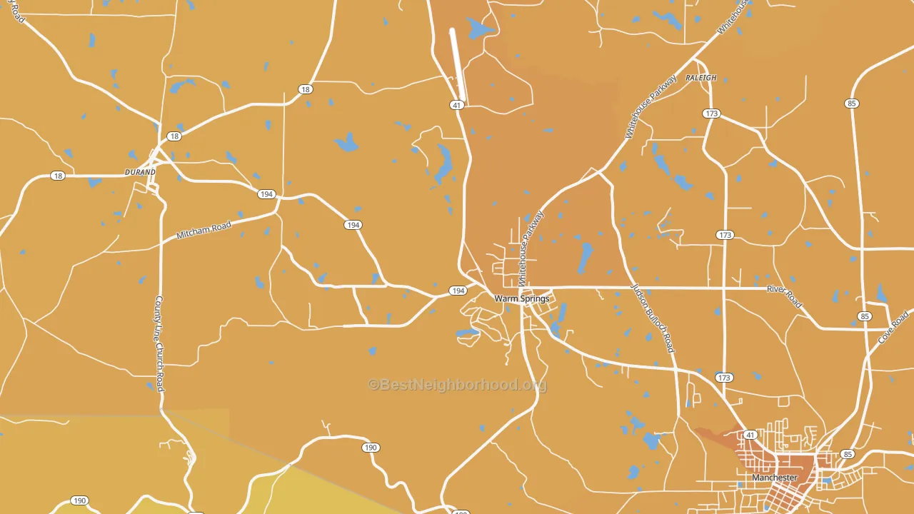 Map of the best neighborhoods in the Warm Springs area, with better matches in green and worse matches in red