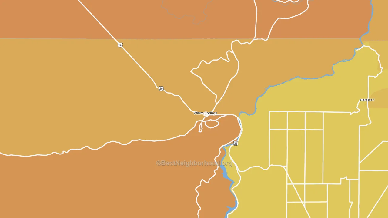 Map of the best neighborhoods in the Warm Springs area, with better matches in green and worse matches in red