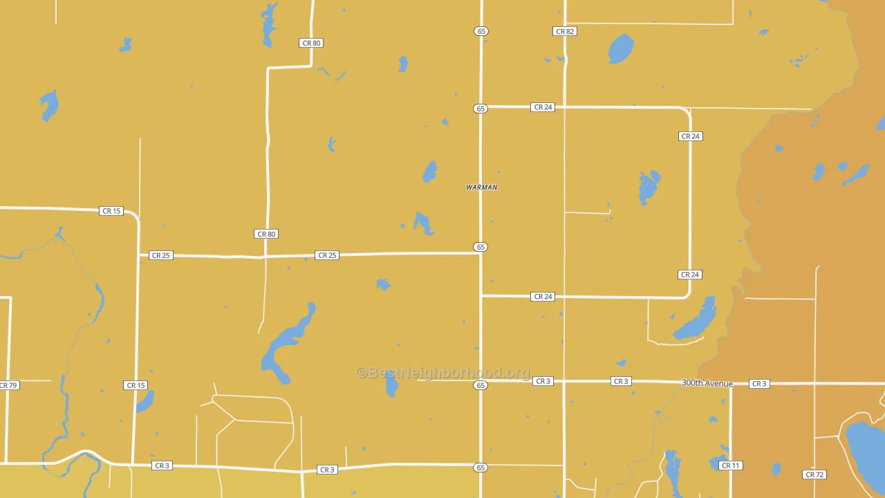 Map of the best neighborhoods in the Warman area, with better matches in green and worse matches in red