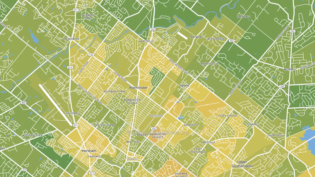 Map of the best neighborhoods in the Warminster area, with better matches in green and worse matches in red