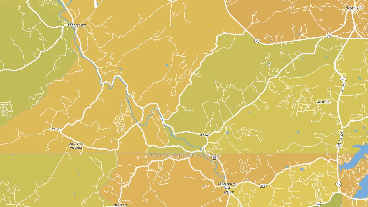 Map of the best neighborhoods in the Warne area, with better matches in green and worse matches in red
