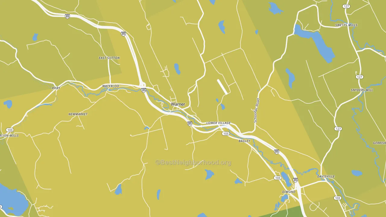 Map of the best neighborhoods in the Warner area, with better matches in green and worse matches in red