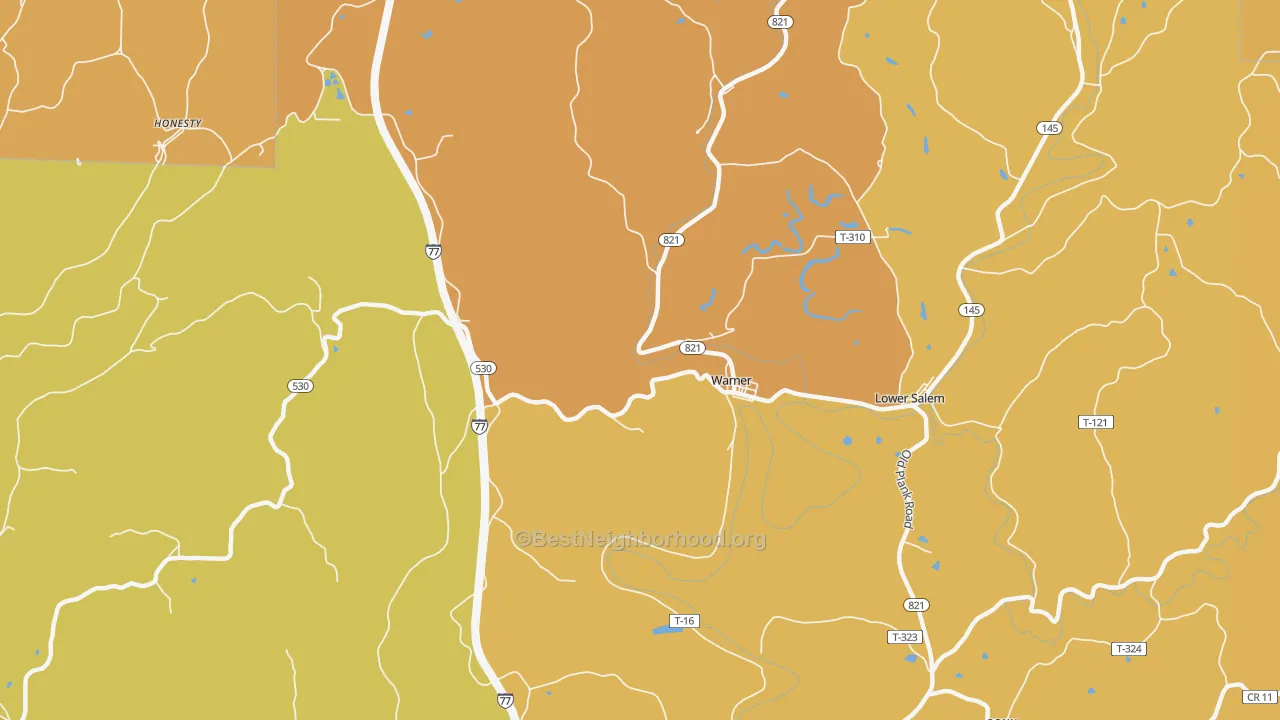 Map of the best neighborhoods in the Warner area, with better matches in green and worse matches in red
