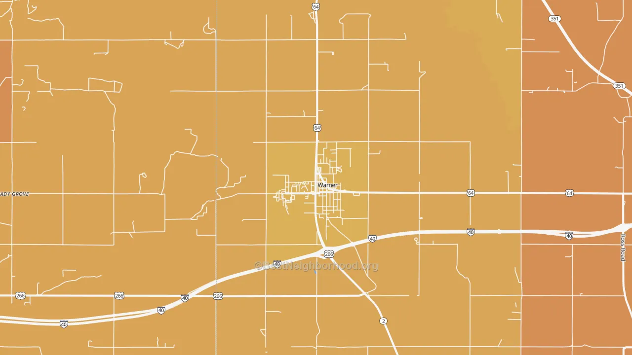 Map of the best neighborhoods in the Warner area, with better matches in green and worse matches in red