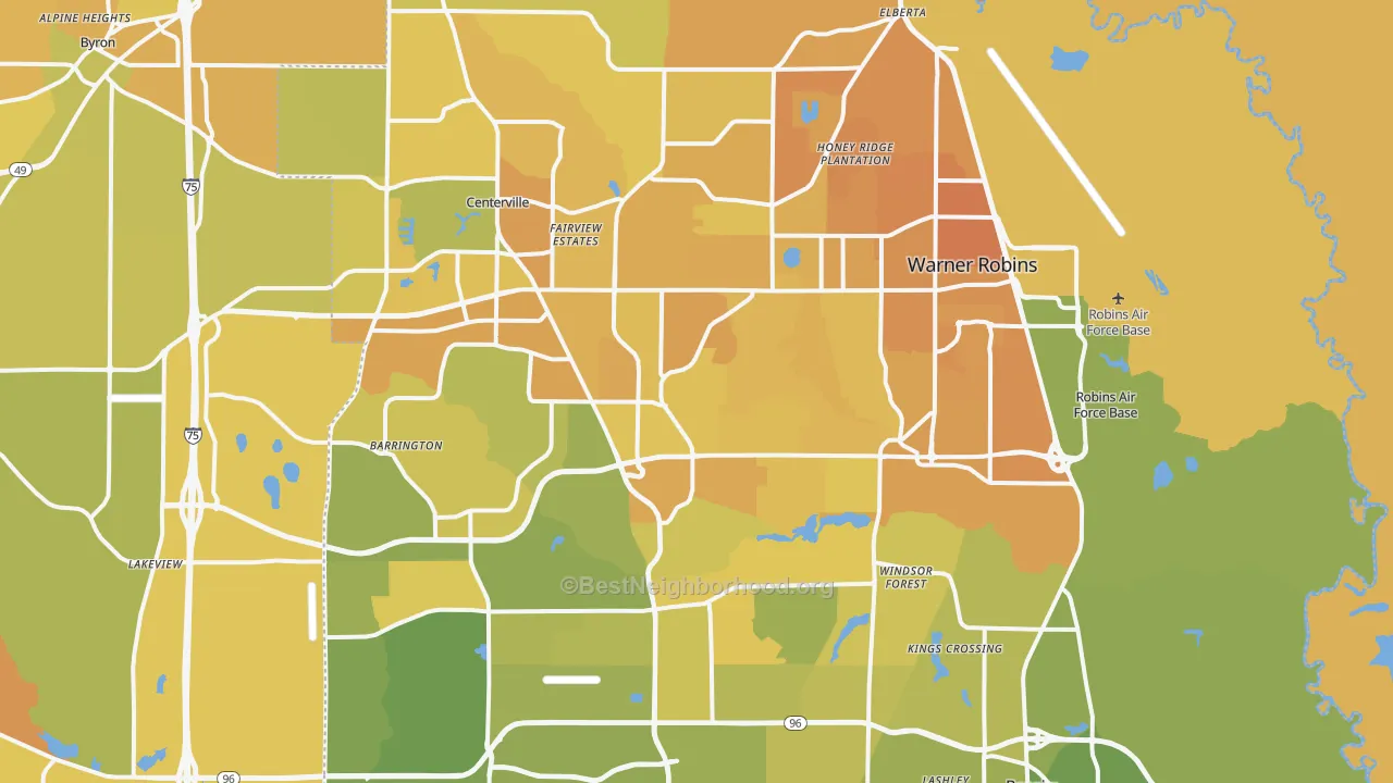Map of the best neighborhoods in the Warner Robins Metro area, with better matches in green and worse matches in red