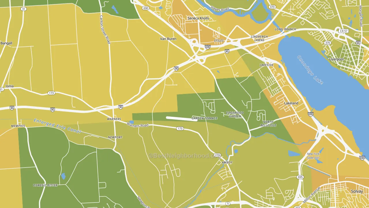 Map of the best neighborhoods in the Warners area, with better matches in green and worse matches in red