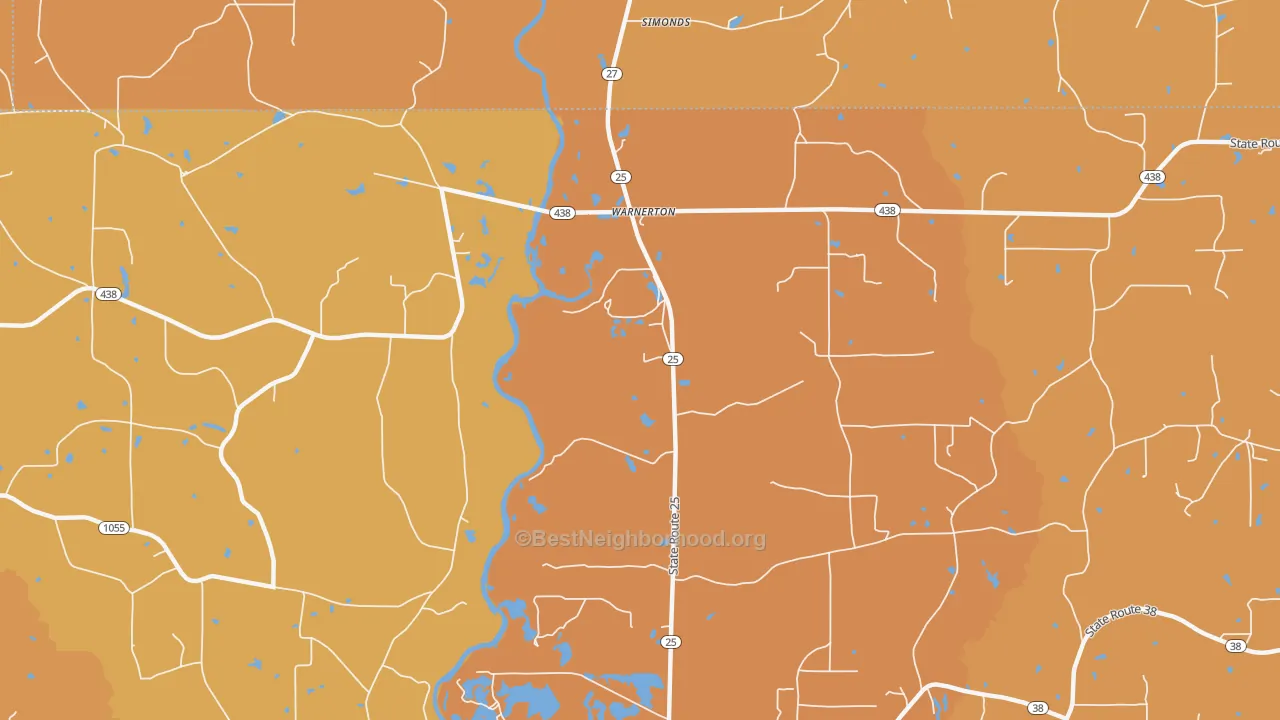 Map of the best neighborhoods in the Warnerton area, with better matches in green and worse matches in red