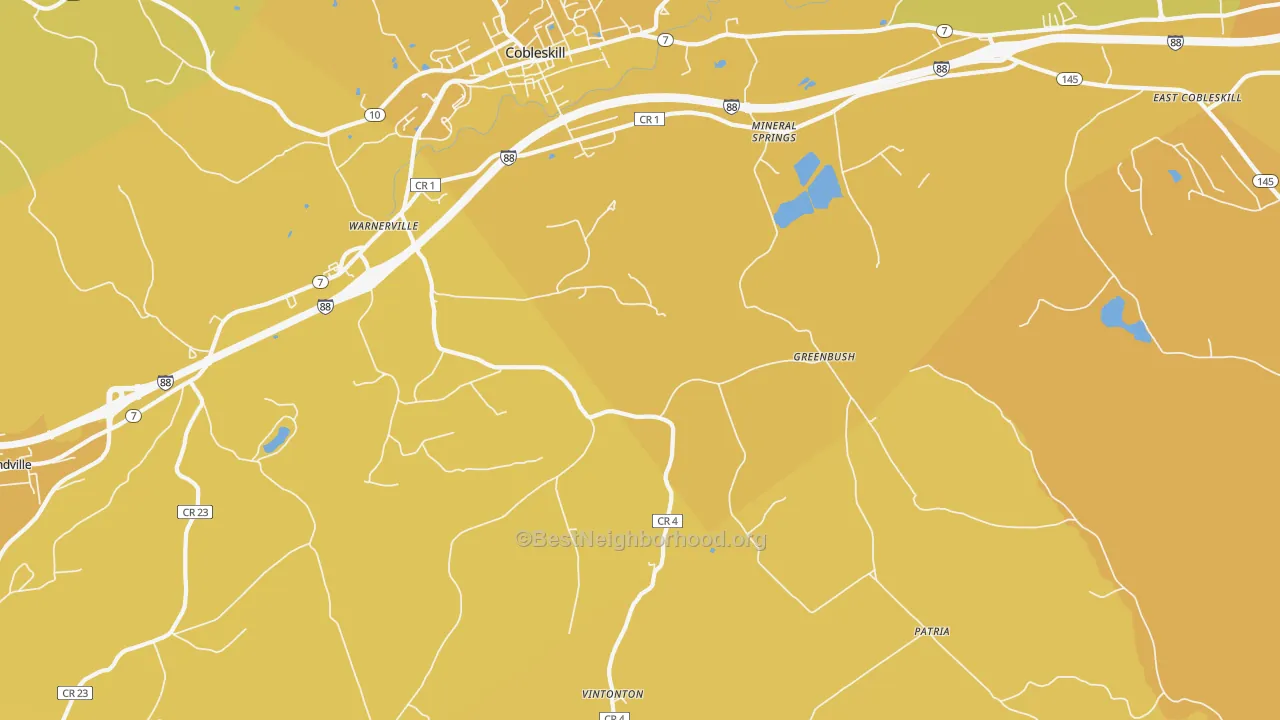 Map of the best neighborhoods in the Warnerville area, with better matches in green and worse matches in red