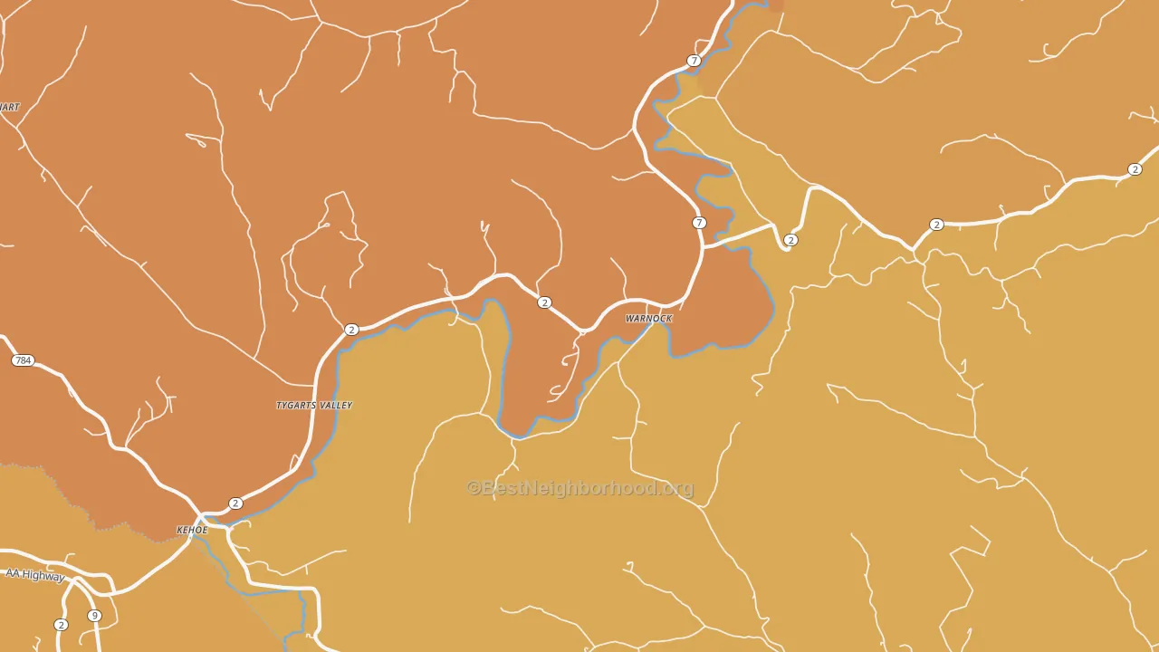 Map of the best neighborhoods in the Warnock area, with better matches in green and worse matches in red