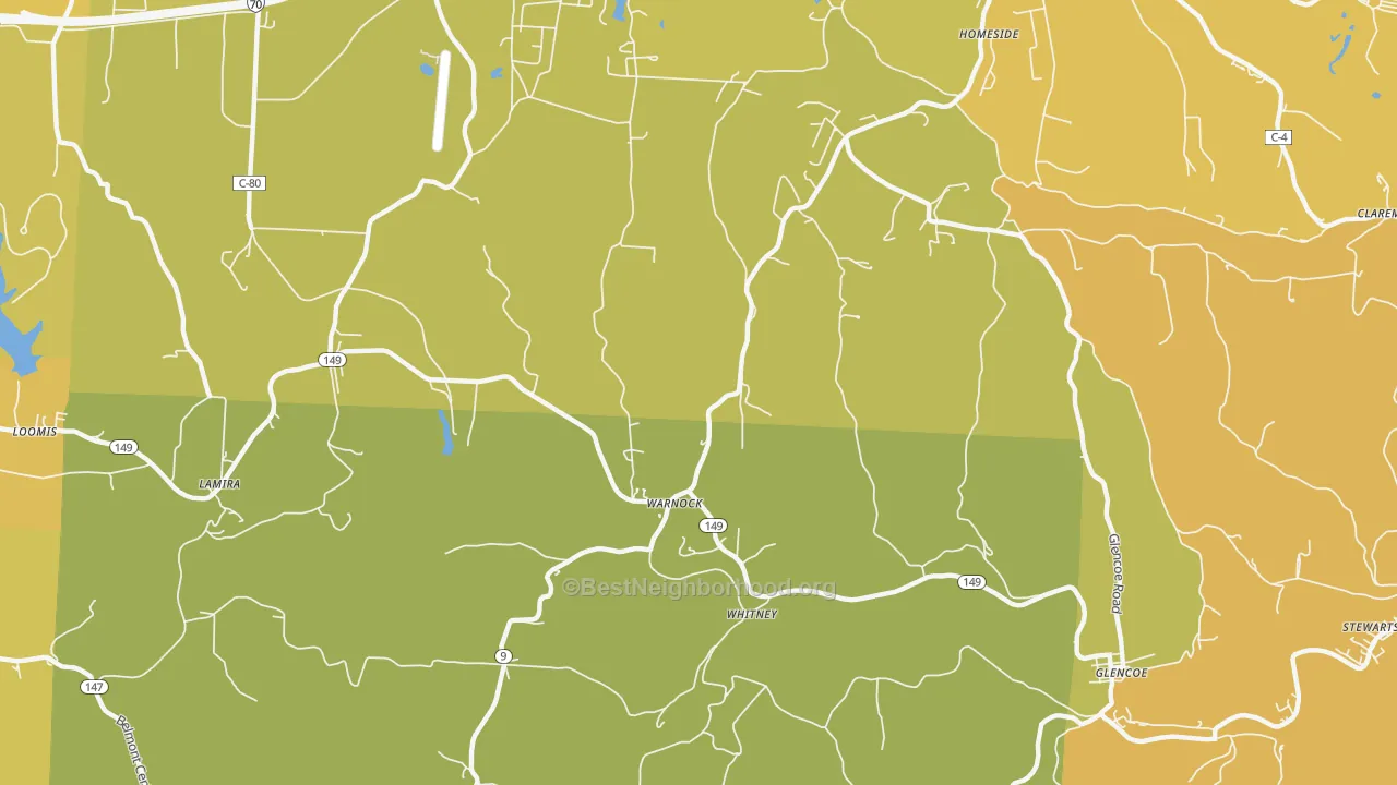 Map of the best neighborhoods in the Warnock area, with better matches in green and worse matches in red