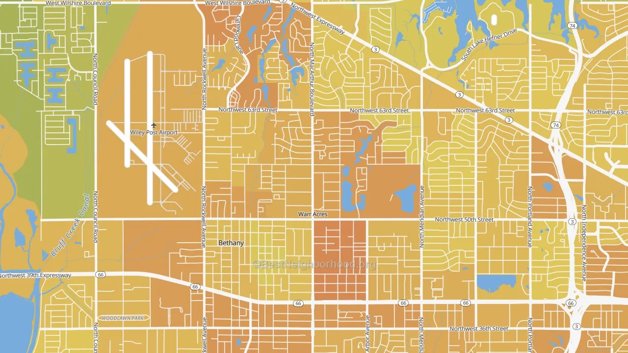 Map of the best neighborhoods in the Warr Acres area, with better matches in green and worse matches in red