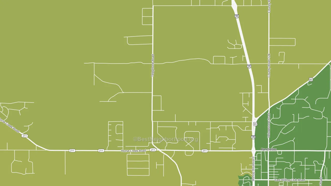 Map of the best neighborhoods in the Warren Air Force Base area, with better matches in green and worse matches in red