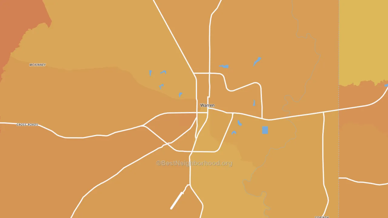 Map of the best neighborhoods in the Warren area, with better matches in green and worse matches in red
