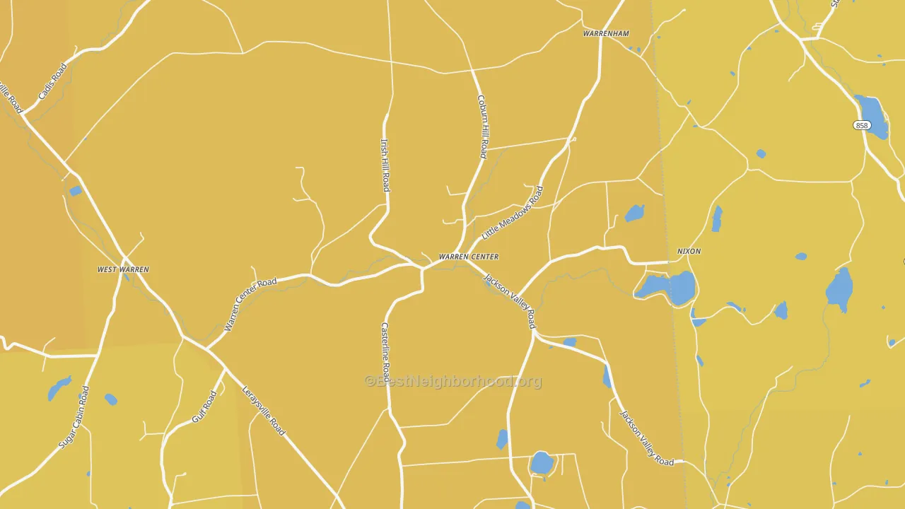 Map of the best neighborhoods in the Warren Center area, with better matches in green and worse matches in red