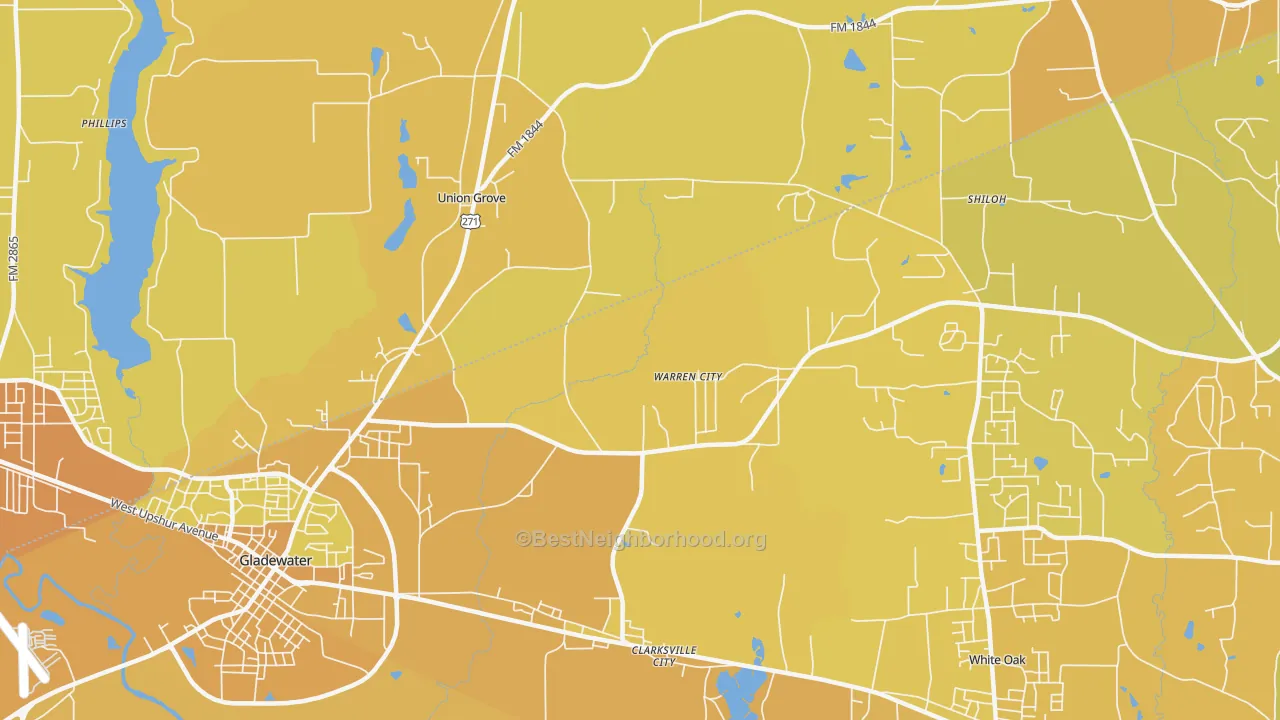 Map of the best neighborhoods in the Warren City area, with better matches in green and worse matches in red