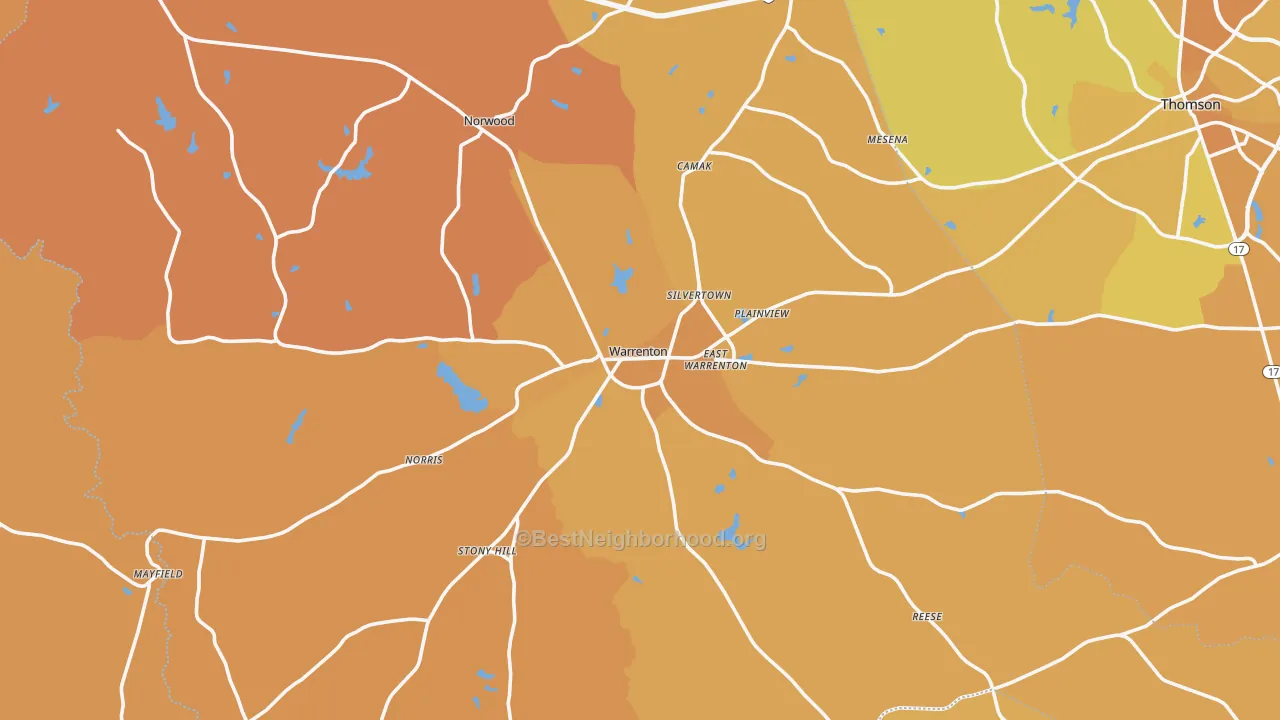 Map of the best neighborhoods in the Warren County area, with better matches in green and worse matches in red