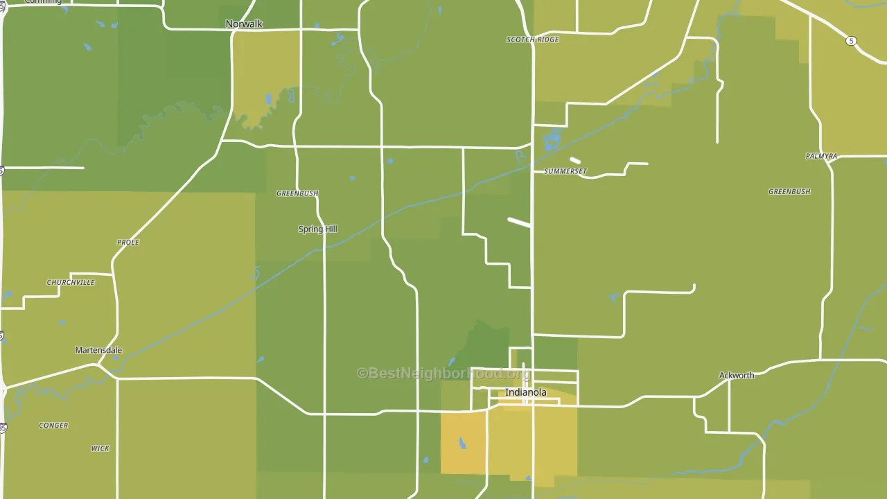 Map of the best neighborhoods in the Warren County area, with better matches in green and worse matches in red