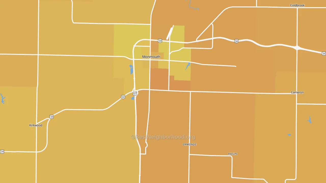 Map of the best neighborhoods in the Warren County area, with better matches in green and worse matches in red