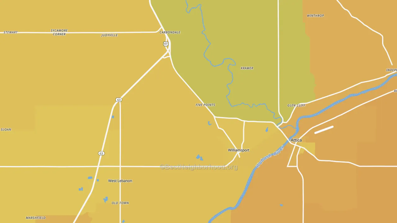 Map of the best neighborhoods in the Warren County area, with better matches in green and worse matches in red