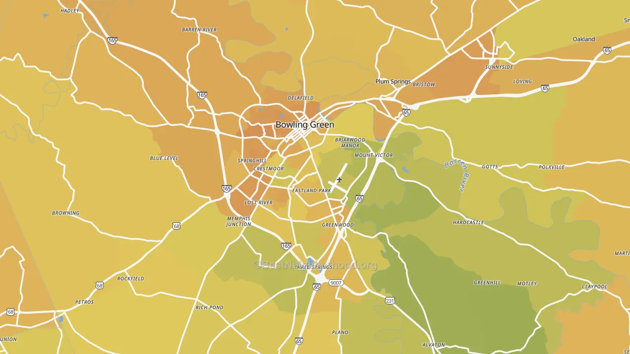 Map of the best neighborhoods in the Warren County area, with better matches in green and worse matches in red