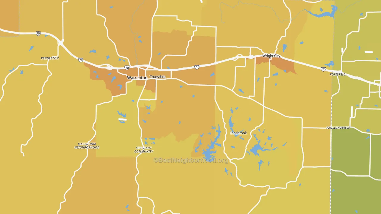 Map of the best neighborhoods in the Warren County area, with better matches in green and worse matches in red