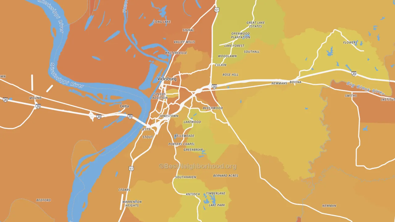 Map of the best neighborhoods in the Warren County area, with better matches in green and worse matches in red