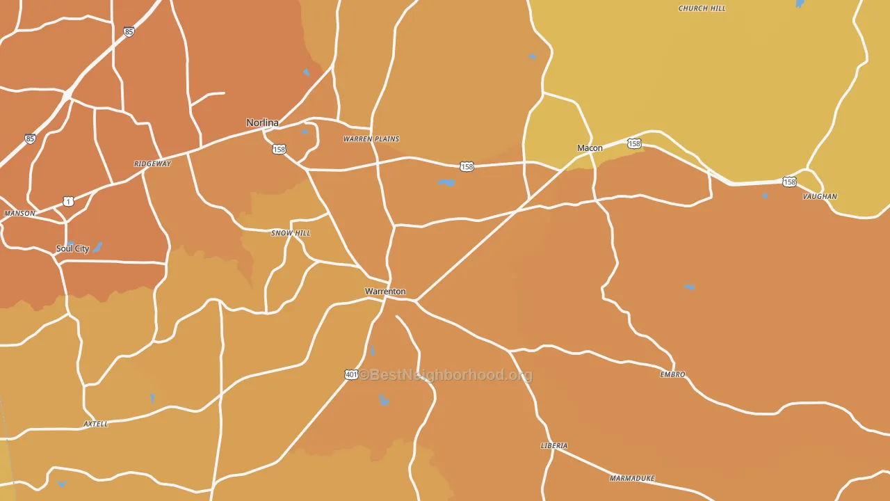 Map of the best neighborhoods in the Warren County area, with better matches in green and worse matches in red