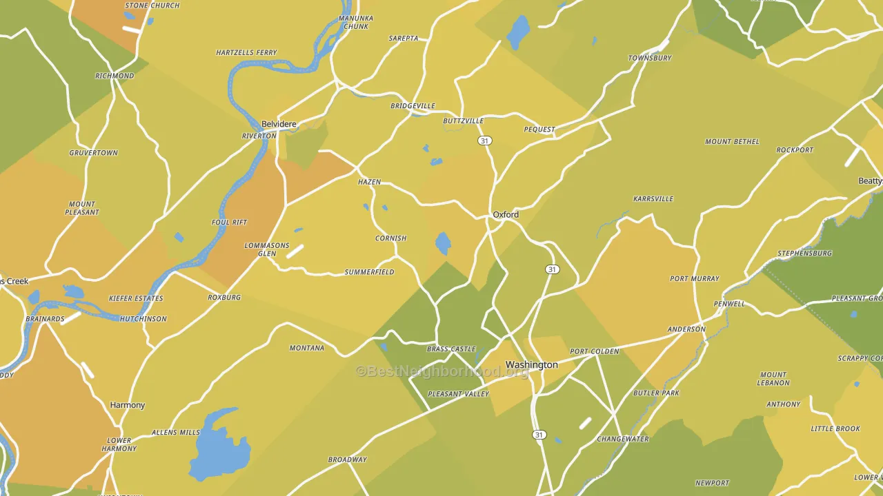 Map of the best neighborhoods in the Warren County area, with better matches in green and worse matches in red