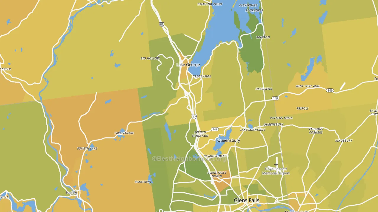 Map of the best neighborhoods in the Warren County area, with better matches in green and worse matches in red