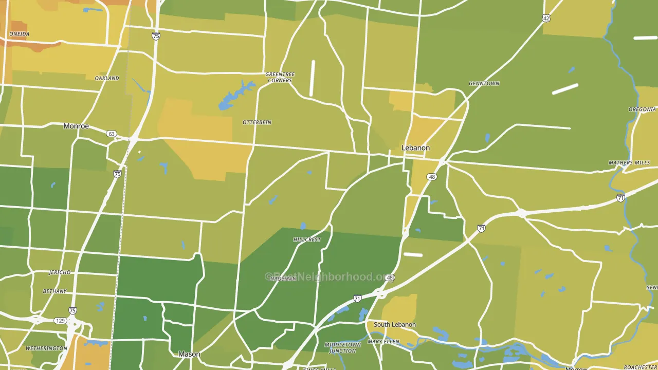 Map of the best neighborhoods in the Warren County area, with better matches in green and worse matches in red