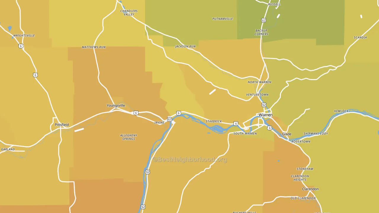 Map of the best neighborhoods in the Warren County area, with better matches in green and worse matches in red
