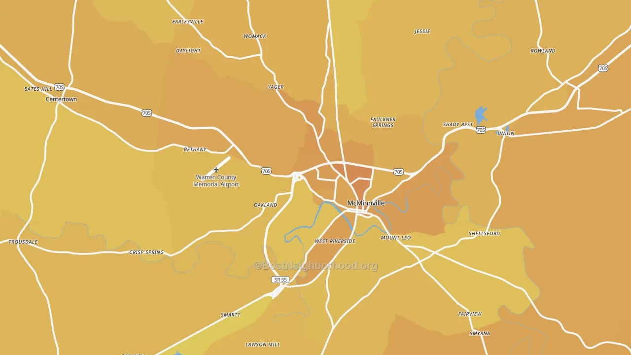 Map of the best neighborhoods in the Warren County area, with better matches in green and worse matches in red