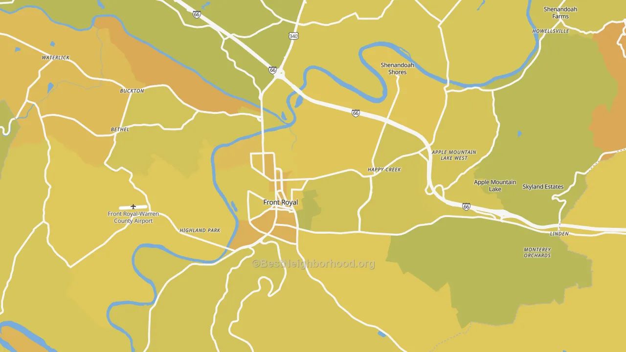Map of the best neighborhoods in the Warren County area, with better matches in green and worse matches in red