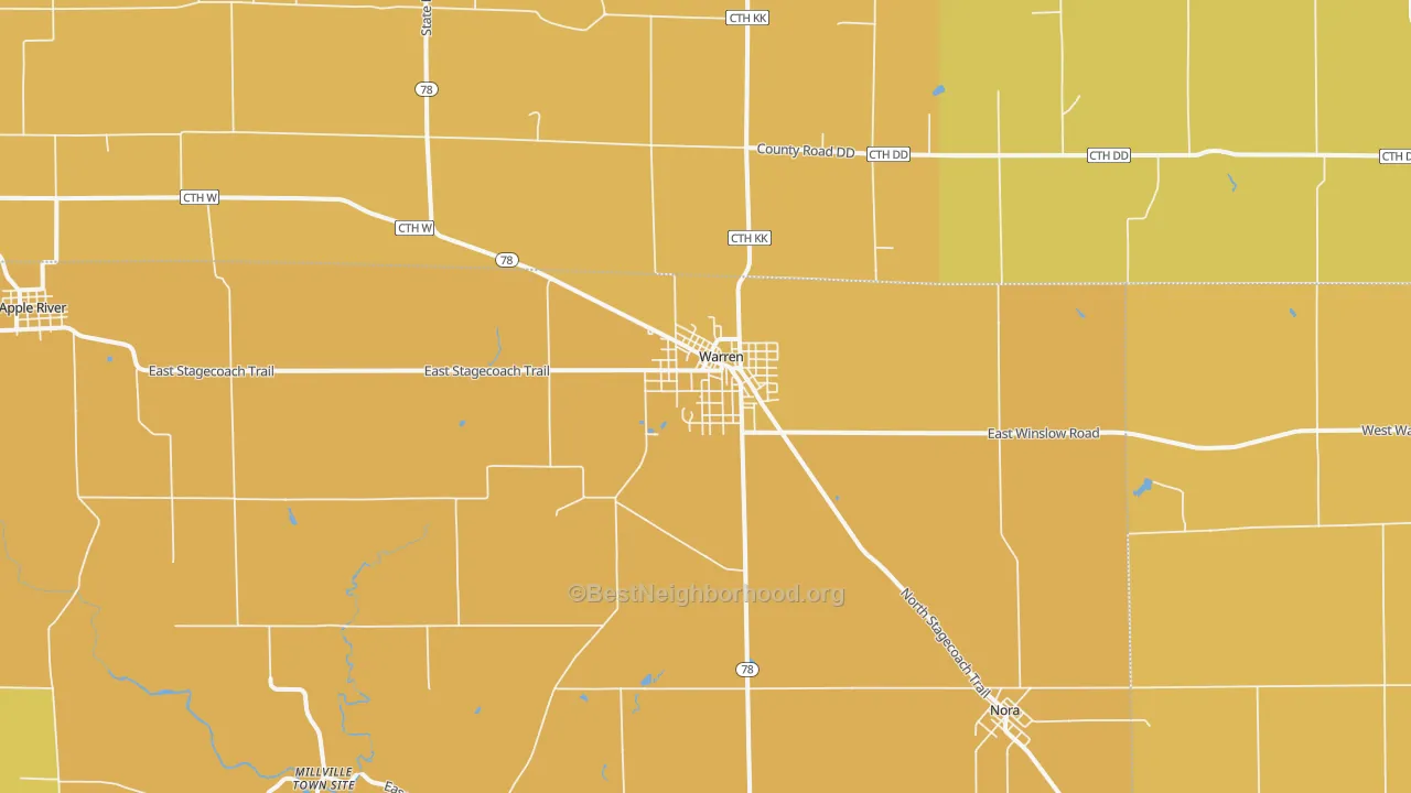Map of the best neighborhoods in the Warren area, with better matches in green and worse matches in red