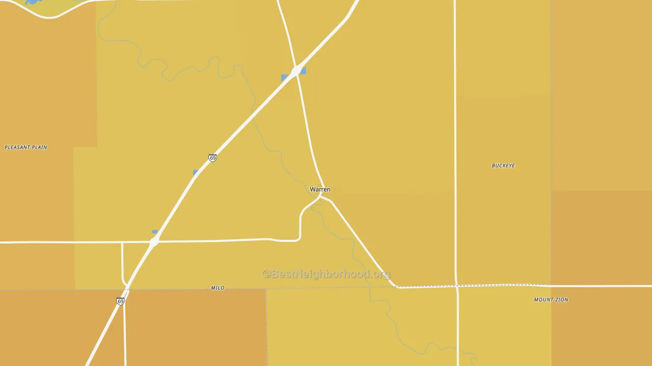 Map of the best neighborhoods in the Warren area, with better matches in green and worse matches in red