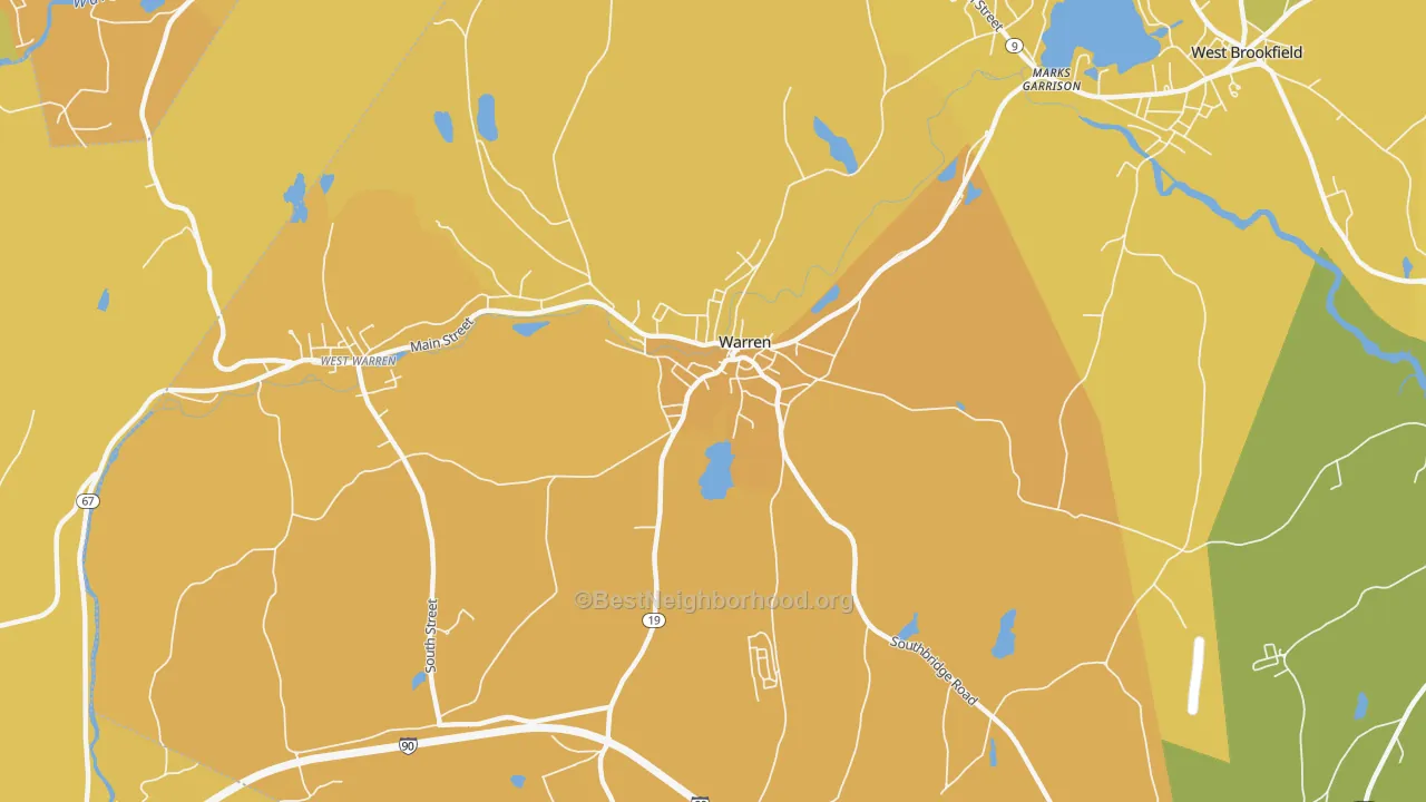 Map of the best neighborhoods in the Warren area, with better matches in green and worse matches in red
