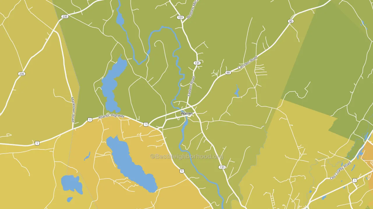 Map of the best neighborhoods in the Warren area, with better matches in green and worse matches in red