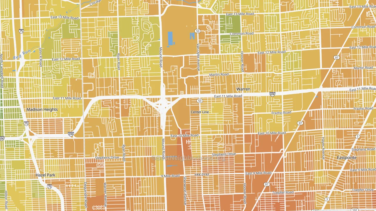 Map of the best neighborhoods in the Warren area, with better matches in green and worse matches in red