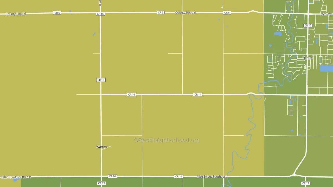 Map of the best neighborhoods in the Warren area, with better matches in green and worse matches in red