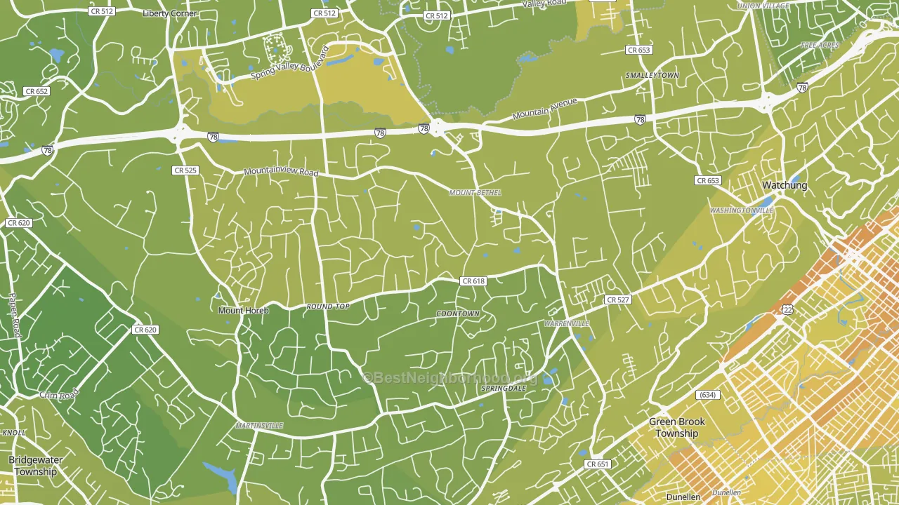 Map of the best neighborhoods in the Warren area, with better matches in green and worse matches in red