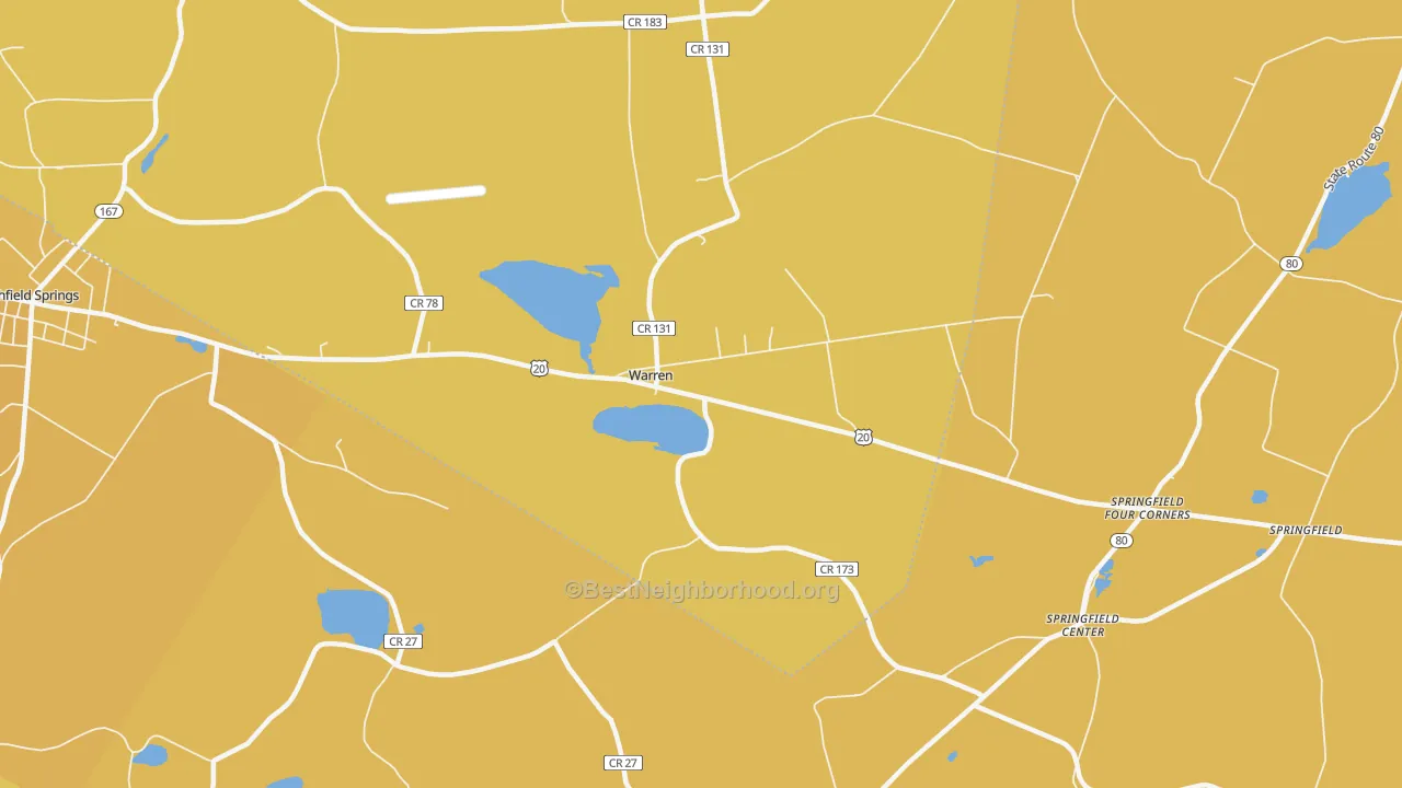Map of the best neighborhoods in the Warren area, with better matches in green and worse matches in red