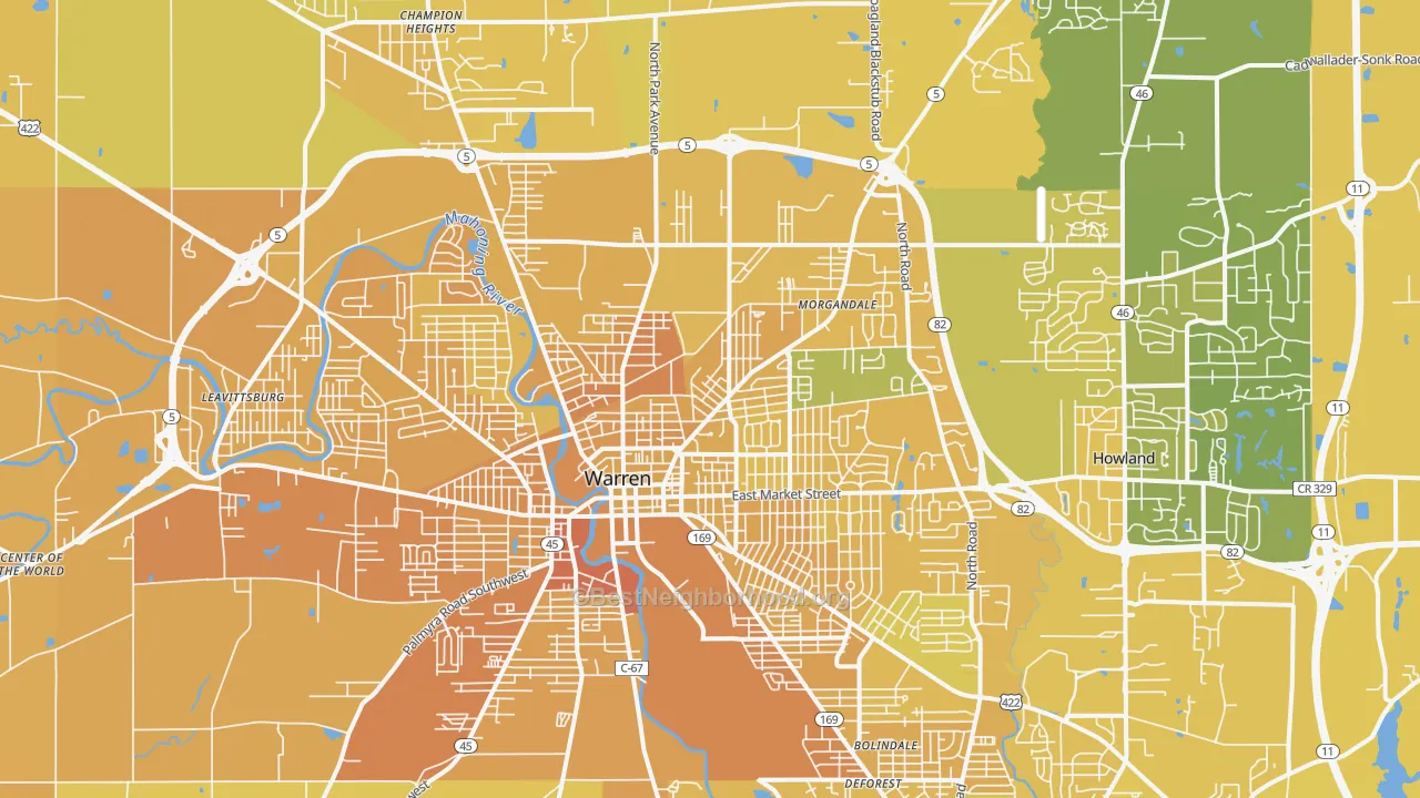 Map of the best neighborhoods in the Warren area, with better matches in green and worse matches in red